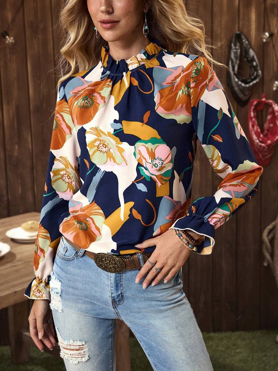 EMERY ROSE Women's Floral Print Ruffle Collar Long Sleeve Fashion Blouse - Navy Blue - View 1