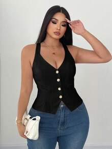 Elenzga Áo hai dây eo bó màu trơn cỡ lớn cho nữ - màu đen - Xem 1