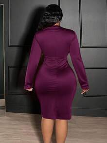 Veslaya 2025 新款优雅/性感/浪漫/派对女式褶饰 V 领紧身长袖连衣裙，加大码，适合约会/派对 - 紫色 - 查看 3