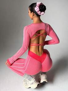 Sovereign Charm Seamless High Elasticity Rib Knit Women Sports Fitness Running Yoga Set Sexy Workout Clothes - Red - View 5