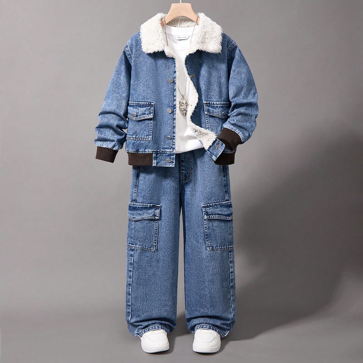 Conjunto de 2 piezas para niños preadolescentes: Chaqueta de mezclilla con cuello y puños de felpa, combinada con pantalones vaqueros rectos relajad