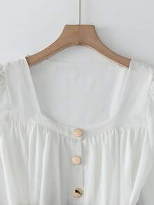 Franclia 2pcs Women's Elegant Romantic Set, White Chiffon Blouse + Khaki High-Waisted Shorts, Metal Buttons, Contrast Puff Sleeve Pleated Shirt Dress Pants With Belt Decor Set, Loose Collar Blouse, Versatile, Suitable For Commute, Daily Wear, Winter, Spring, Autumn, Meetings, Business Negotiations, Office, Dates, Galas, Graduations, Urban Teacher Uniforms, Christmas & New Year Outfits, Casual Gatherings, Travel, Polished, Elegant, Minimalist, All-Season Puff Sleeve Blouse Elegant Blouses Two Piece Set Women Elegant 2 Piece Short Sets Woman Lantern Sleeve Blouse Puffed Sleeve Blouse Elegant Two Piece Set Short Sets For Women Square Neck Blouse White Blouse Beige Shorts Two Piece Short Set - Multicolor - View 4