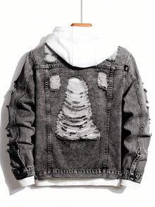 Manfinity Homme Men's Ripped Front Button Solid Color Casual Long Sleeve Denim Jacket - Grey - View 2