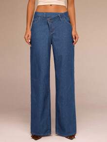 SHEIN Forever 21 Quần jeans ống đứng màu xanh đậm, cạp bất đối xứng, thoải mái cho mùa tựu trường - Rửa tối - Xem 5