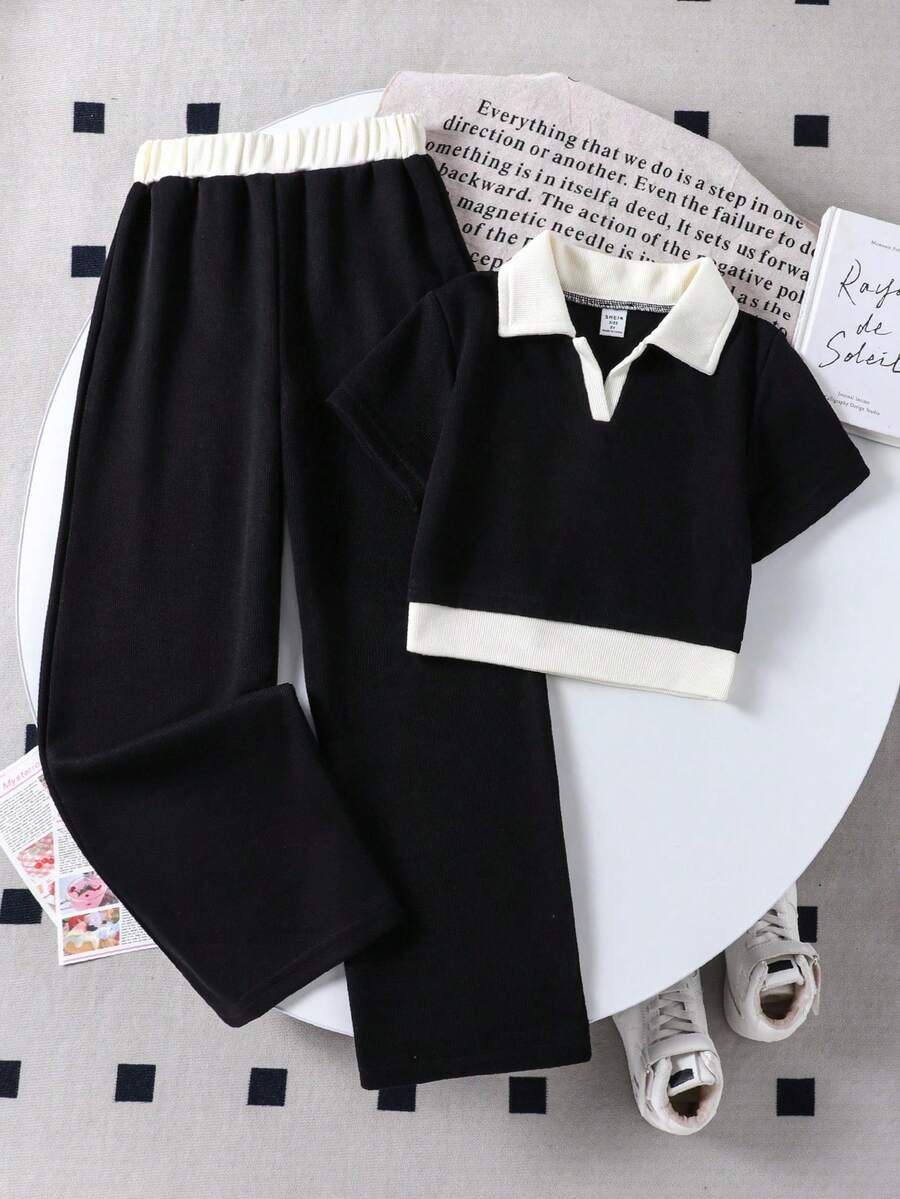 SHEIN 女童撞色短袖 Polo 衫搭配休闲裤，两件套服装