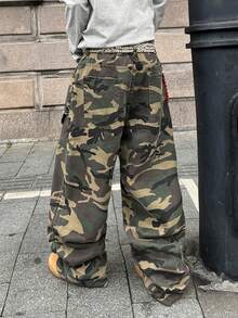 Manfinity EMRG 街头时尚迷彩小众设计双腰带口袋宽松阔腿牛仔裤 - 軍綠色 - 查看 2