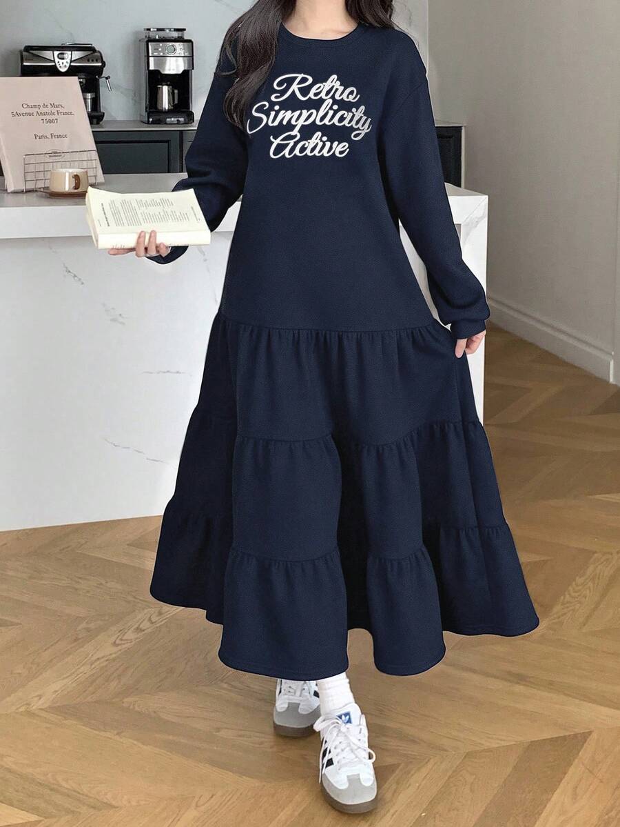 少女休闲宽松圆领落肩保暖内衬褶皱下摆连衣裙，返校季，适合秋冬季节，女童长裙 - 藏蓝色 - 查看 1