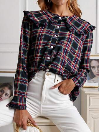 Écloséra Ny vintage fransk stil rutig Peter Pan-krage enkelknäppt bekväm skjorta för kvinnor, lämplig till jul, kan bäras som ytterplagg eller lager-på-lager