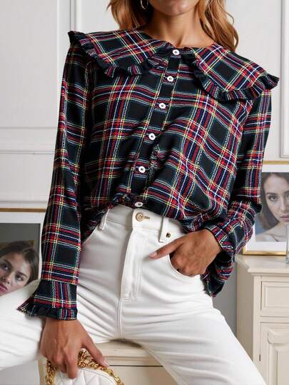 Écloséra New Vintage French Style Plaid Peter Pan Collar Single-Breasted Comfortable Shirt For Women, Suitable For Christmas, Can Be Worn As Outerwear Or Layering Gingham