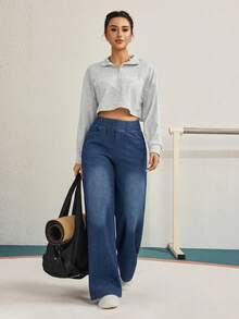 Flexra Blugi damă de culoare solidă, talie medie, casual, croială dreaptă, lejeră, cu buzunare, versatili - Spălare întunecată - Vizualizare 3