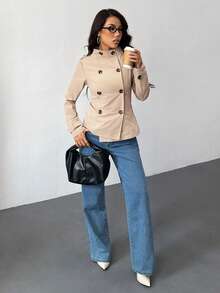 SHEIN PETITE Women's Autumn New Style Stand-Up Collar Long-Sleeved Double-Breasted Waist Trench Coat, Suitable For Daily Street Wear - Khaki - View 6