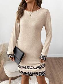 SHEIN Clasi 女士抓绒拼接豹纹连衣裙 - 杏色 - 查看 5