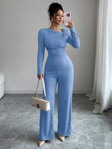 Elenzga 两件套女士优雅不对称领口3D玫瑰金纽扣装饰长袖T恤+裤子套装 - 藍色 - 查看 5