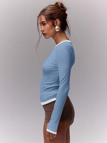 MUSERA Contrast Trim Fitted Long Sleeve Top Casual Vacation Airport Holiday Cute Back To School Winter Spring Summer - Baby Blue - View 3