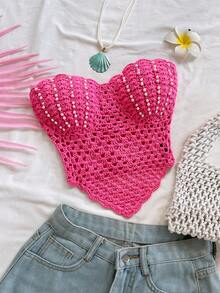 Soleia 女士美人鱼胸衣式仿珍珠装饰露背系带毛衣上衣，适合派对、圣诞节、约会之夜、夜店、波西米亚风、度假、秋季等场合。 - 藍色 - 查看 3