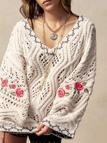 Bohemela Boho Autumn/Winter Women's Vintage Floral Embroidery Hollow Out V Neck Long Sleeve Loose Knit Sweater, Western Country Style Concert Party, Suitable For Beach Vacation & Daily Wear & Back To School & Going Outs, New Year Clothes, Valentines Clothes, 2000s Clothes, Summer Holiday Outfits, Beach Outfit, Winter/Spring