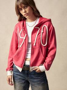 Bohemela Áo hoodie dệt kim họa tiết số chắp vá nhiều màu sắc thông thường dành cho nữ - Màu Đỏ Sâu - Xem 4
