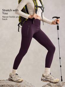 OutZeal Mallas moradas para exteriores con control de abdomen, secado rápido y bolsillo con cremallera para mujer, ideales para senderismo y camping - Morado - Ver 3