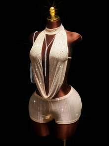 Amplova Mesh Deep Draped Neck Halter Backless PU Patchwork Bodysuit Sexy Outfits For Club - Pale Yellow - View 5