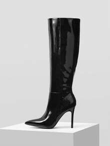 Mnmlis Elegant Wine Red Patent Leather Tall Boots With Metal Buckle Strap, Slim High Heel - Black - View 7