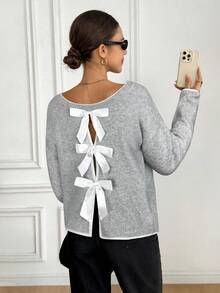 Serisse Suéter holgado con lazo en la espalda y ribete de contraste, para otoño/invierno - Gris Claro - Ver 4