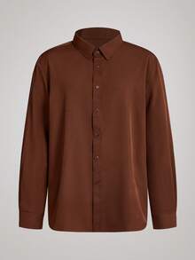 Officeau Camisa social masculina de cor sólida, manga comprida, corte reto e abotoamento simples, ideal para o outono, modelo Old Money. - Castanho - Ver 4