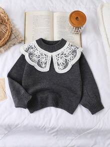 SHEIN Playful Pals 小女孩超甜美可爱娃娃款精致刺绣领圆领灯笼袖粗针织毛衣，适合秋冬季穿着 - 灰色 - 查看 1