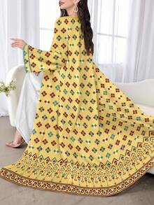 SHEIN Najma 女士菱形图案数码印花长袖休闲阿拉伯长袍，春秋季 - 彩色 - 查看 1