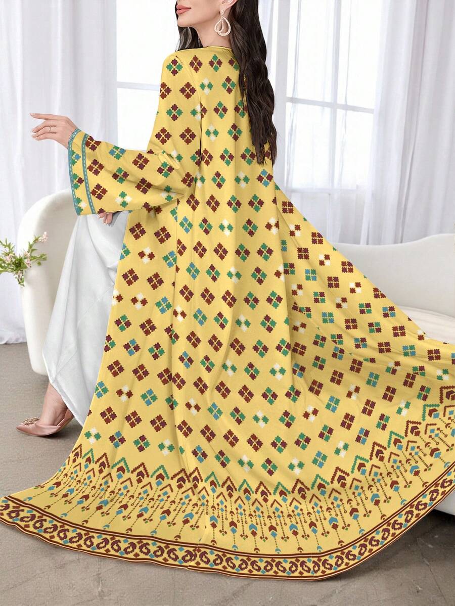 SHEIN Najma 女士菱形图案数码印花长袖休闲阿拉伯长袍，春秋季 - 彩色 - 查看 1