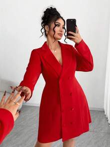 Elenzga Vestido de doble botonadura con lazo y espalda descubierta, talla grande, para el Día de San Valentín - Rojo - Ver 5