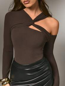 Nuvra Women's Solid Color Long Sleeve Hollow Out Twist Design Elegant Bodysuit, Autumn/Winter - Coffee Brown - View 7