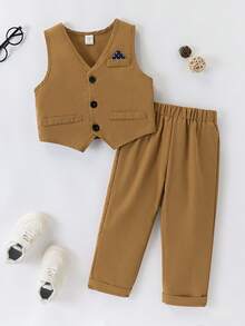 SHEIN 三件套男童绅士正装，含领结、马甲和长裤，秋冬季适用，适合婚礼、婚礼宾客、花童、戒指童等场合。 - 咖啡棕 - 查看 7