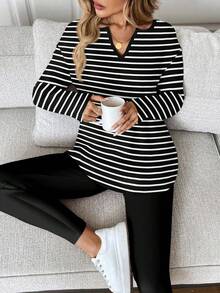 SHEIN LUNE 2pcs/Set Women Casual Long Sleeve T-Shirt And Leggings Set, Striped Print, Suitable For Autumn/Winter - Multicolor - View 6