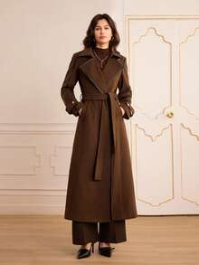Lilora 女士翻领长袖系带优雅通勤长款外套棕色风衣女士风衣外套女士长款棕色外套冬季女士优雅长款羊毛和PU拼接外套，非常适合圣诞节。 - 棕色 - 查看 5