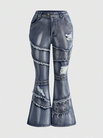 Grunge Punk Y2K Punk Rivet Decor Vintage Distressed Skinny Flare Plus Size Women Jeans
