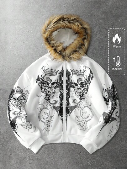 Felpa con cappuccio unisex con stampa inglese e colletto in pelliccia, autunno/inverno