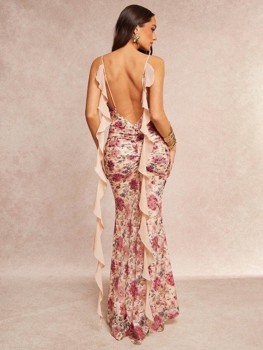 Silquee 女士印花3D花朵装饰拼接荷叶边下摆修身连衣裙 - 彩色 - 查看 1