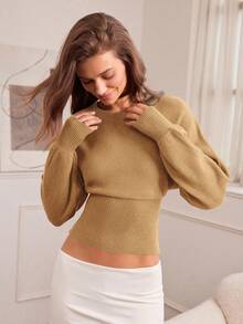 Hanevo Casual Round Neck Drawstring Waist Slim Fit Solid Color Knit Sweater, Versatile For Autumn/Winter - Camel - View 5