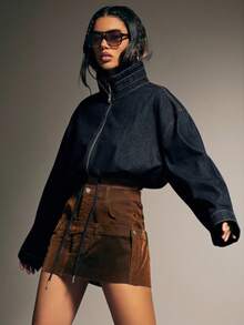 Denimoi 松紧腰带开关高领前拉链短款牛仔夹克