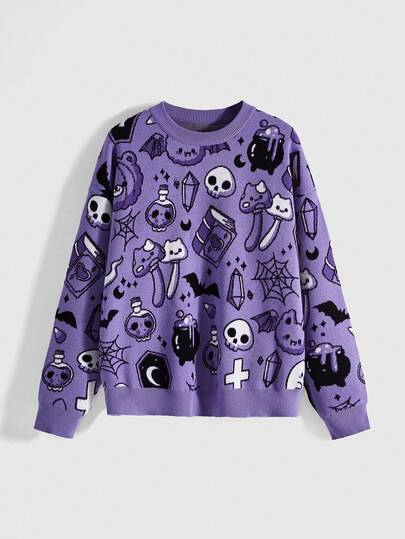 Kawaii Suéter de mujer con estampado de fantasma, calabaza y murciélago