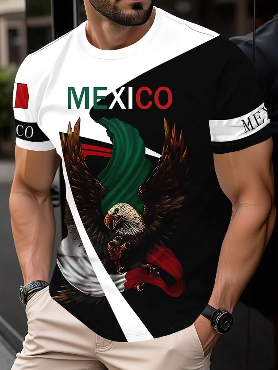 墨西哥雄鹰3D印花男士T恤，足球T恤，皇家雄鹰印花，适合夏季，时尚T恤，美观T恤，送给兄弟姐妹的礼物，送给兄弟的礼物，送给爸爸的礼物，父亲节礼物，休闲时尚上衣 - 黑色 - 查看 1