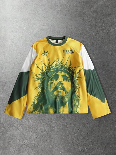 Prep Herren Lässig Farbblock Portrait Grafik Rundhals Langarm T-Shirt, Herbst