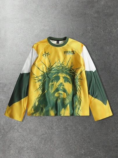 ROMWE MEN Prep Men's Casual Colorblock Portrait Graphic Round Neck Long Sleeve T-Shirt, Autumn