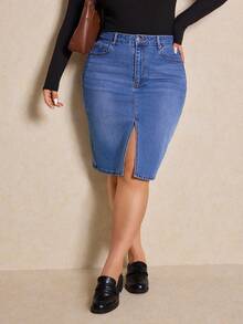 Elaquor 大码休闲水洗开衩修身牛仔裙 - 中等水洗藍 - 查看 4