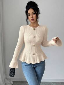 SHEIN Elenzya 女士优雅金属扣袖口荷叶边下摆长袖毛衣，秋冬款 - 杏色 - 查看 5