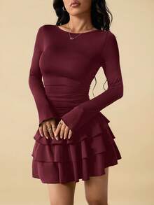 SHEIN PETITE Đầm dài tay màu đen viền bèo nhún thanh lịch dành cho nữ - Màu Đỏ Sâu - Xem 9