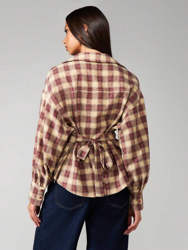 MISSGUIDED Plaid Button Front Long Sleeve Blouse With Tie Back Detail Fall Winter Casual Shirt