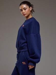 MUSERA Graphic Rubber Logo Cropped Sweatshirt Coord Top Only Winter Coolgirl Cosy Cute Outdoors Explorer Sweaater Casual - Blue - View 3