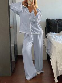 DAZY Satin Lace Ruffle Trim Women Pajama Set, Spring, Fall Winter Clothes - Blue - View 3