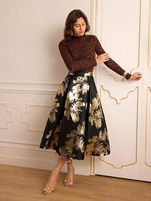 Lilora 女士优雅花卉提花褶裥箔片半身裙 - 黑色 - 查看 6